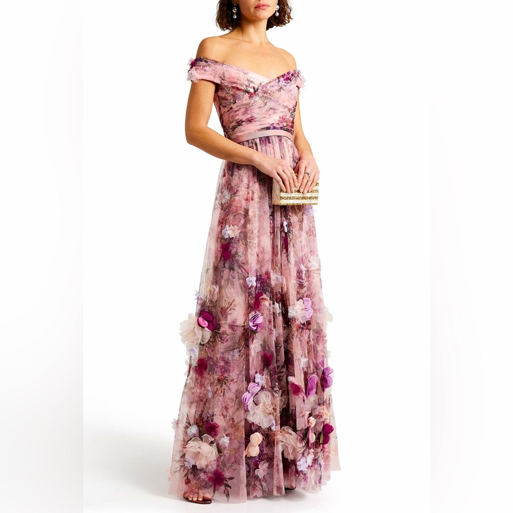 Marchesa Notte dress, Floral Printed Tulle Halter Dress with 3D Flowers, size 8